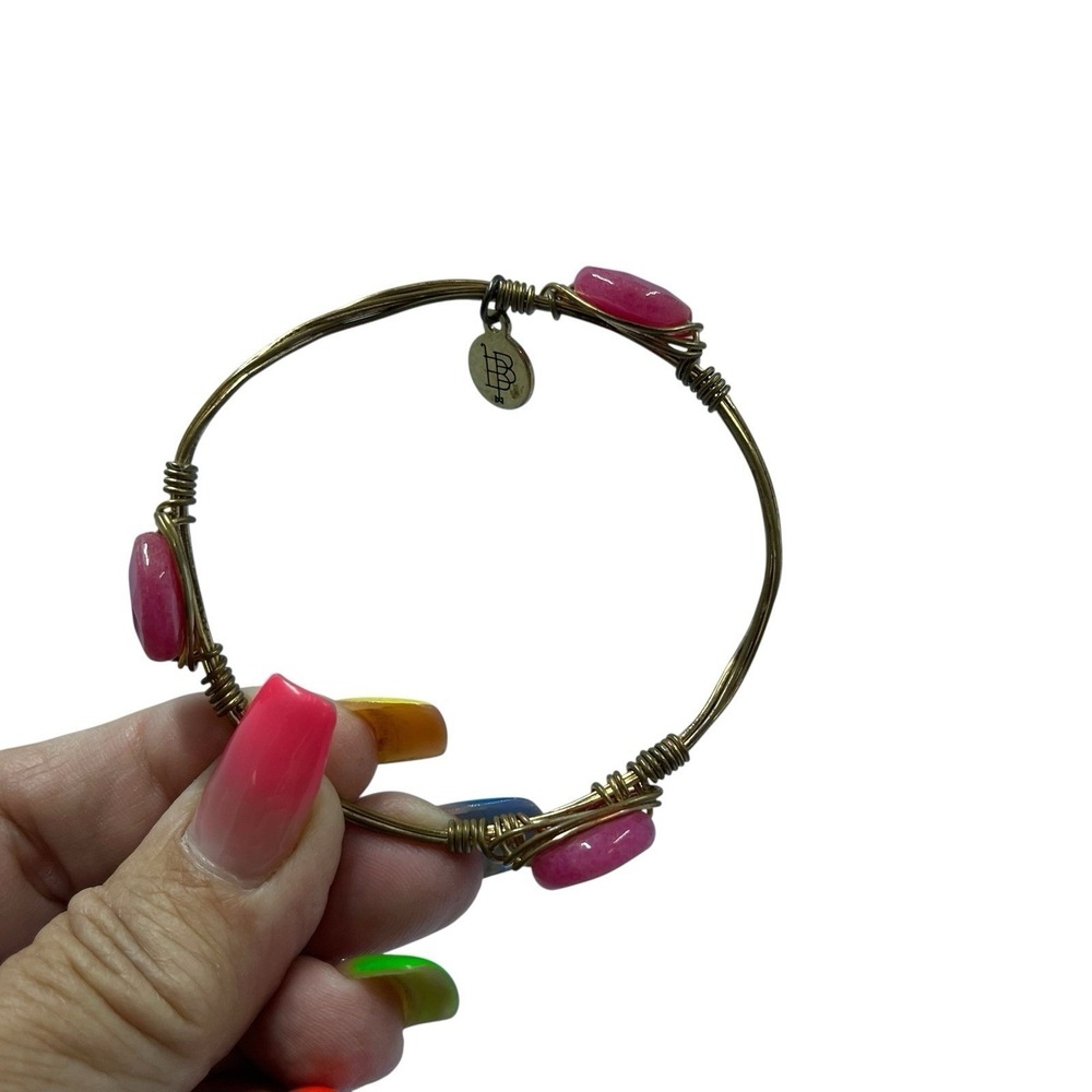 Bourbon and Bowties Gold Tone Bangle Wire Wrapped Pink Round Chunky Stone